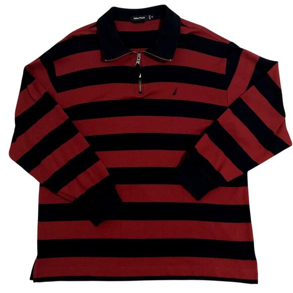 Nautica Vintage Quarter Zip Rugby Pullover Mens XL Red/Black Striped Sport Y2K - Picture 1 of 10